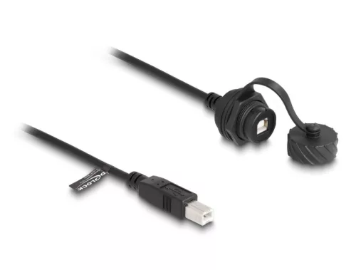 Delock Kábel USB 2.0 B-típusú apa   USB 2.0 B-típusú anya installálásra IP68 por és víz elleni védő bajonettzá kalappal fekete, 1 m (DL-88011)