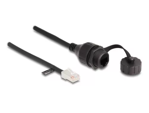 Delock RJ45 kábel apa - RJ45 anya beépített fedélsapkával Cat.5e FTP IP68 por és vízmentességért fekete, 25 cm (DL-88012)