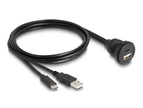 Delock USB 2.0 kábel A-típusú és USB Type-C  apa végződéssel, valamint egy A-típusú és egy USB Type-C  anya beépített végződéssel 1 m, fekete (DL-88102)