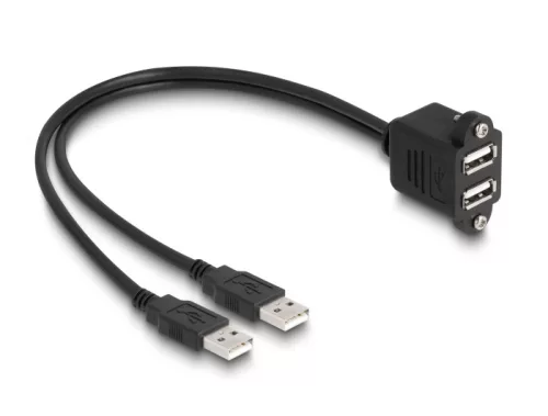 Delock USB 2.0 kábel 2 x USB A-típusú apa végződéssel, valamint egy 2 x USB A-típusú anya csavarokkal beépített végződéssel 1 m, fekete (DL-88105)