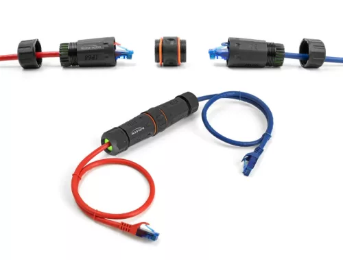 Delock Kábel csatlakoztató RJ45 anya - RJ45 anya Cat.6A M20 cérnával és két vékony IP68 kábel borítással, por és vízhatlan (DL-88144)