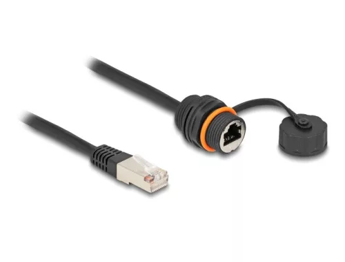 Delock Kábel RJ45 apa - RJ45 anya Cat.6A beépített használatra M20 cérnával és védő kupakkal IP68 por és vízhatlan 25 cm, fekete színű (DL-88146)