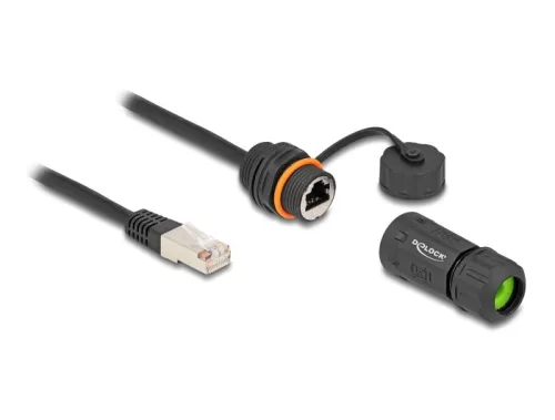 Delock Kábel RJ45 apa - RJ45 anya Cat.6A beépített használatra M20 cérnával és házzal IP68 por és vízhatlan 25 cm, fekete színű (DL-88147)
