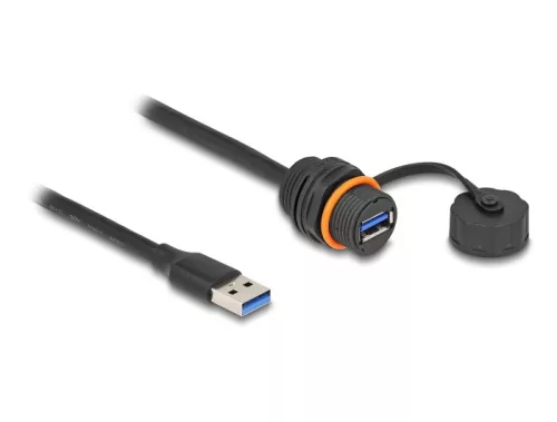 Delock USB 5 Gbps kábel A-típusú apa   A-típusú anya csatlakozó M20 cérnás installációhoz és védőkupakkal IP68 por és vízhatlan 60 cm fekete (DL-88149)