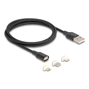   Delock Mágneses USB töltő készlet 8 tűs Lightning  / Micro USB / USB Type-C  csatlakozókkal, fekete 1 m (DL-88165)