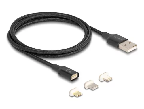 Delock Mágneses USB töltő készlet 8 tűs Lightning  / Micro USB / USB Type-C  csatlakozókkal, fekete 1 m (DL-88165)