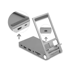   Delock táblagép és notebook dokkoló állomás 4K beépített tartóval - HDMI / USB / Hub / SD / Micro SD / PD 3.0 - összecsukható (DL-88199)