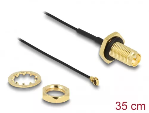 Delock Antenna kábel RP-SMA anya válaszfali csatlakozóval apa MHF I-dugó 1.13 35 cm menethossz 10 mm fröccsenésálló (DL-88383)