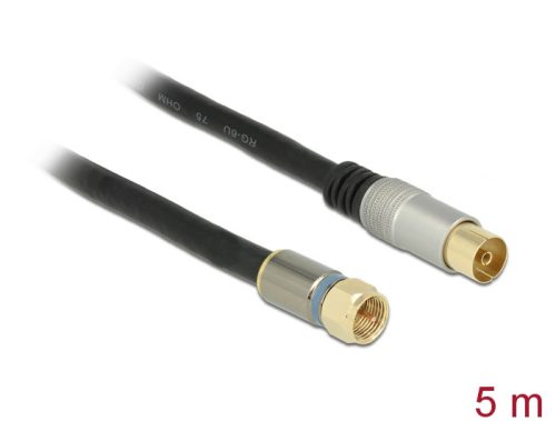 Delock Antennakábel F -dugó > IEC- hüvely RG-6/U quad shield 5 m fekete Premium