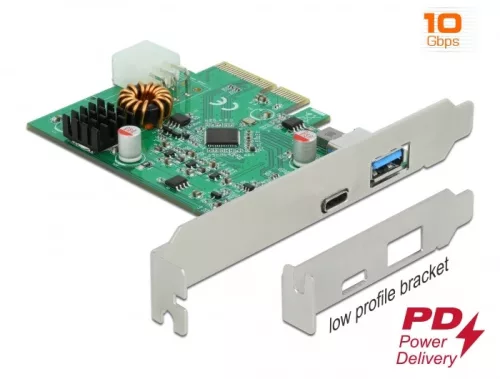 Delock PCI Express x4 kártya 1 db külső C -típusú USB aljzathoz, PD funkcióval + 1 db külső A-típusú (DL-89001)