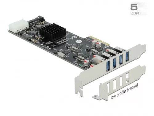 Delock PCI Express x4 Kártya - 4 x külső SuperSpeed USB (USB 3.2 Gen 1) USB A-típusú hüvely Quad Cha (DL-89008)