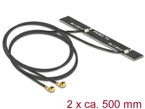 Delock WLAN 802.11 ac/a/h/b/g/n ikerantenna, 2 x MHF csatlakozódugó, 5 dBi, 500 mm-es NYÁK-lap, bels (DL-89457)
