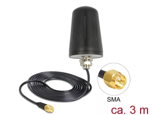 Delock LoRa antenna 868 MHz SMA dugó 0 dBi minden irányú (RG-174, 3 m) tetőre szerelhető fekete (DL-89533)