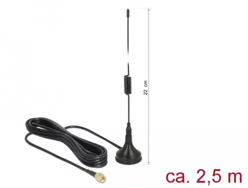 Delock LTE antenna SMA-dugó 2 dBi irányítatlan, rögzített, csatlakozókábellel RG-174 2,5 m, kültéri (DL-89613)