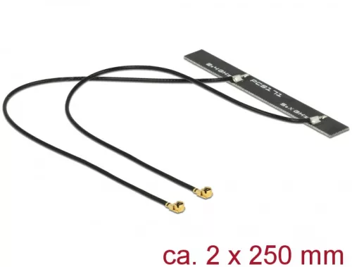 Delock WLAN 802.11 ac/a/h/b/g/n ikerantenna, 2 x MHF csatlakozódugó, 5 dBi, 250 mm-es NYÁK-lap, bels (DL-89631)