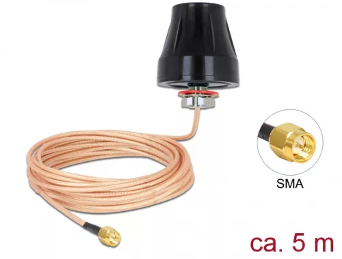 Delock LTE Antenna SMA dugó 2 dBi fix mindenirányú körkörös,csatlakozó kábellel (RG-316U 5 m)kültéri (DL-89899)