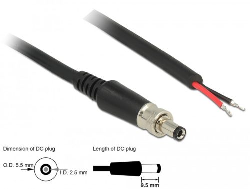 Delock DC tápkábel 5,5 x 2,5 x 9,5 mm, csavarozással nyitható huzalvéggel, 95 cm hosszú