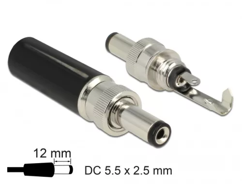 Delock DC csatlakozó apa 5,5 x 2,5 mm dugómérettel és 12,0 mm hosszal (DL-89916)