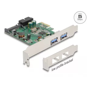   Delock PCI Express x1 Kártya - 2 x külső USB 3.2 Gen 1 A-típusú USB csatlakozó + 1 x belső 19 tűs USB tű fejes apa - alacsony profilú formatényező (DL-90096)