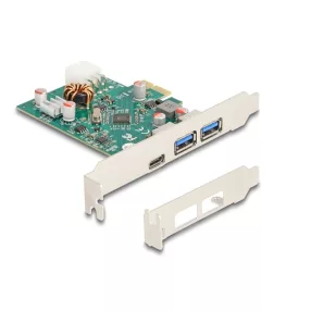   Delock PCI Express x1 kártya - 1 x külső USB Type-C  anya PD 30 W és 2 x külső A-típusú USB 5 Gbps anya (DL-90229)