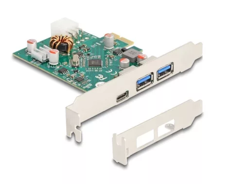 Delock PCI Express x1 kártya - 1 x külső USB Type-C  anya PD 30 W és 2 x külső A-típusú USB 5 Gbps anya (DL-90229)