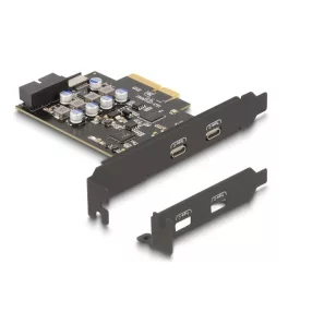   Delock PCI expressz x4 kártya - 2 x külső USB Type-C  csatlakozó + 1 x belső USB 10 Gbps Type-E Key A and 1 x 19 pin USB pin header male - alacsony profilú formatényező (DL-90345)