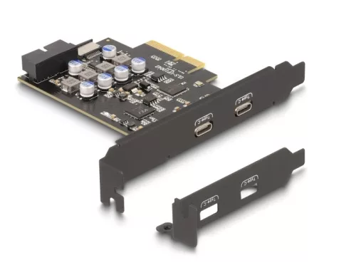 Delock PCI expressz x4 kártya - 2 x külső USB Type-C  csatlakozó + 1 x belső USB 10 Gbps Type-E Key A and 1 x 19 pin USB pin header male - alacsony profilú formatényező (DL-90345)