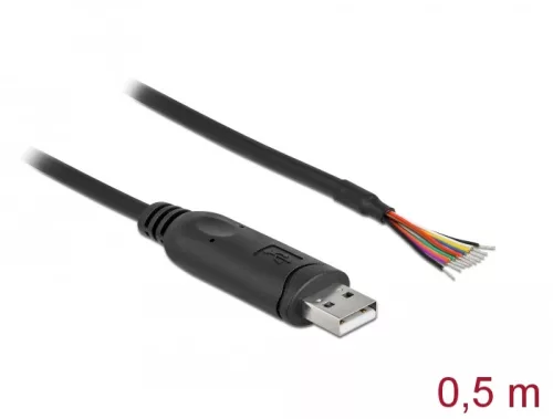 Delock adapterkábel USB 2.0 Type-A és soros RS-232 között 9 nyitott vezetékkel + árnyékolás 0,5 m (DL-90415)