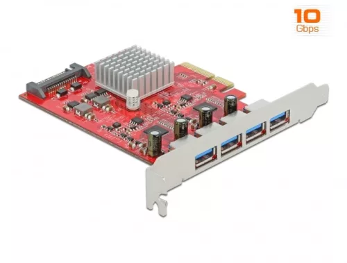 Delock PCI Express x4 Kártya - 4 x külső SuperSpeed USB 10 Gbps (USB 3.2 Gen 2) USB A-típusú hüvely (DL-90481)