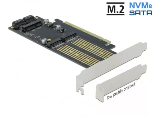 Delock PCI Express x16 Kártya - 1 x M.2 B-kulcs + 1 x NVMe M.2 M-kulcs + 1 x mSATA - alacsony profil (DL-90486)