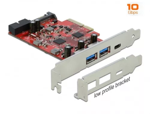 Delock PCI Express x4 Kártya - 1 x külső USB Type-C  anya + 2 x külső A-típusú USB anya SuperSpeed U (DL-90492)
