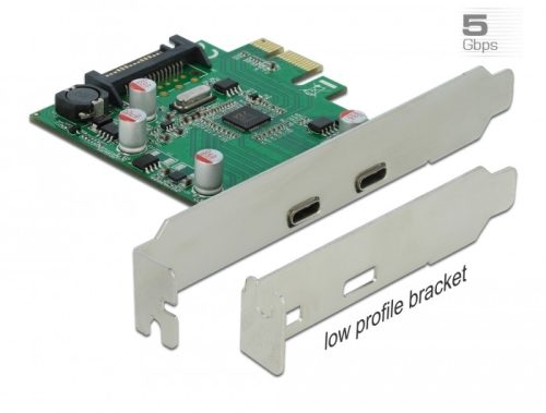 Delock PCI Express x1 kártya - 2 x külső SuperSpeed USB (USB 3.2 Gen 1) USB Type-C  hüvely
