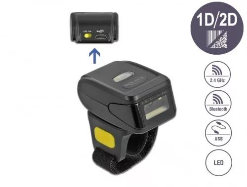 Delock Vonalkód leolvasó gyűrű 1D és 2D 2,4 GHz-cel vagy Bluetooth-szal (DL-90508)