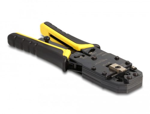 Delock univerzális krimpelő szerszám huzalcsupaszítóval 10P (RJ50), 8P (RJ45), 6P (RJ12/11), 6P DEC vagy 4P moduláris csatlakozókhoz