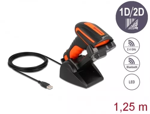 Delock Ipari vonalkód olvasó 1D és 2D 2,4 GHz vagy Bluetooth-hoz indukciós töltőállomással (DL-90556)