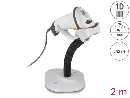 Delock USB vonalkód leolvasó 1D csatlakozó kábellel és állvánnyal - lézer - világos szürke (DL-90565)