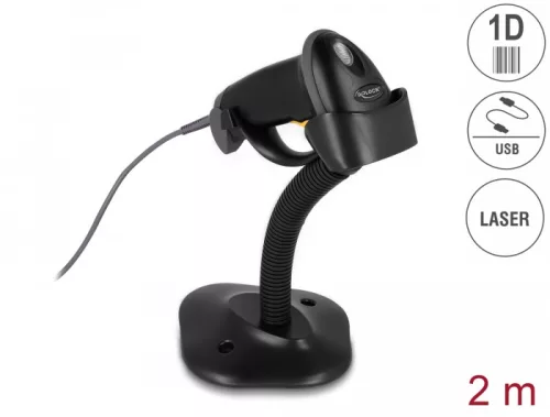 Delock USB vonalkód leolvasó 1D csatlakozó kábellel és állvánnyal - lézer - fekete (DL-90584)