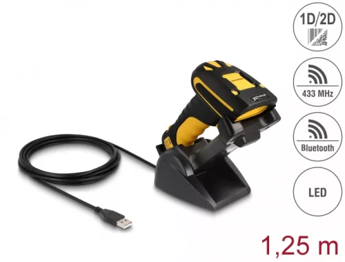 Delock Ipari vonalkód olvasó 1D és 2D 433 MHz vagy Bluetooth-hoz indukciós töltőállomással (DL-90586)