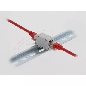   Delock RJ45 kapcsolókészülék Cat.6A anya - anya porvédő fedéllel DIN sínre történő beszereléshez, szürke színű (DL-90768)