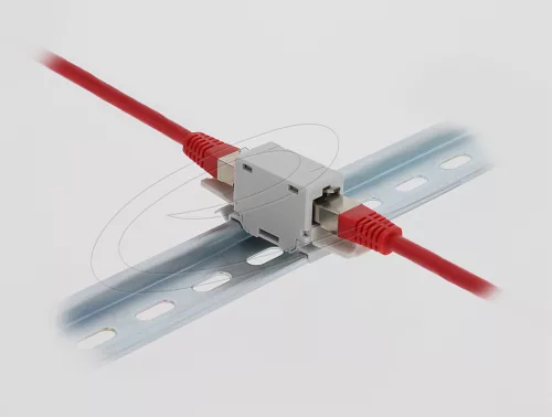 Delock RJ45 kapcsolókészülék Cat.6A anya - anya porvédő fedéllel DIN sínre történő beszereléshez, szürke színű (DL-90768)