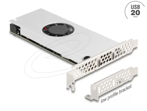 Delock PCI Express x16 kártya - 2 x USB 20 Gbps USB Type-C  csatorna ventilátorral és hűtőpárnával alacsony kialakítású faktorban (DL-90805)
