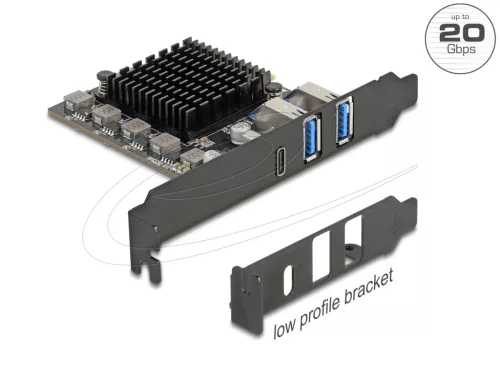 Delock PCI Express x4 kártya - 1 x USB 20 Gbps USB Type-C  + 2 x USB 10 Gbps A-típusú - alacsony profilú formatényező (DL-90891)