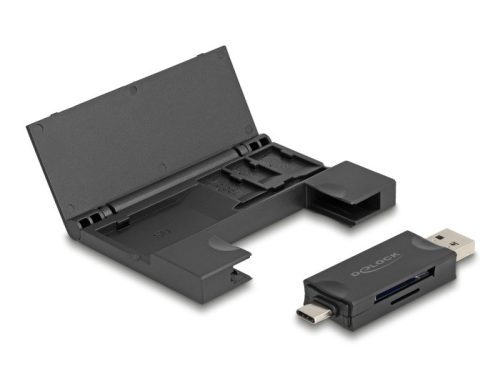 Delock Kártyaolvasó USB 5 Gbps USB Type-C  / A-típusú SD és Mikro SD memóriakártyákhoz praktikus memória kártyatokkal - fekete