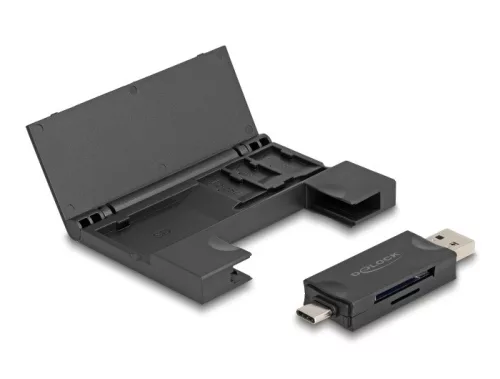 Delock Kártyaolvasó USB 5 Gbps USB Type-C  / A-típusú SD és Mikro SD memóriakártyákhoz praktikus memória kártyatokkal - fekete (DL-91014)
