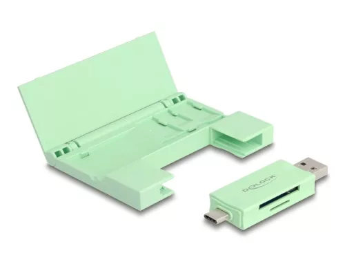 Delock Kártyaolvasó USB 5 Gbps USB Type-C  / A-típusú SD és Mikro SD memóriakártyákhoz praktikus memória kártyatokkal - mentazöld (DL-91015)