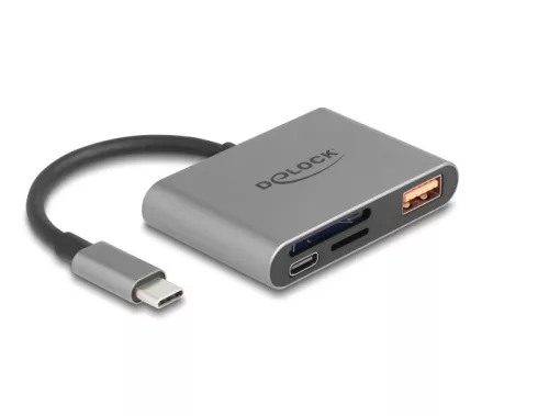 Delock USB-C  kártyaolvasó SD és Micro-SD emlékezet kártyák + USB csatlakozó10 Gbps A-típusú port és USB Type-C  csatlakozó PD 2.0 85 W (DL-91016)