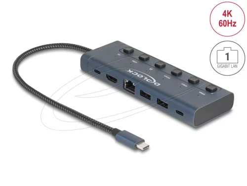 Delock USB Type-C  dokkolóállomás 4K - hoz kettős HDMI / USB / Gigabit LAN / PD 3.0 90 W kapcsolóval (DL-92000)