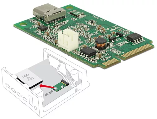 Delock Mini PCIe I/O PCIe teljes méret 1 x USB Type-C  3.1-es, 2. generációs csatlakozóhüvely (DL-95259)