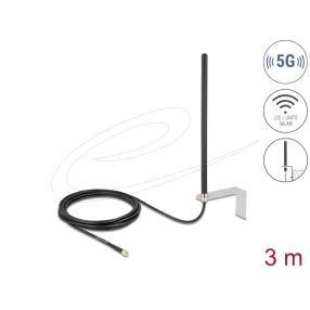   Delock 5G LTE Antenna SMA apa csatlakozóval 3 - 5 dBi mindenirányban rögzíthető, csatlakozó kábellel RG-174, 3 m, falra szerelhető, kültéri, fekete (DL-96089)