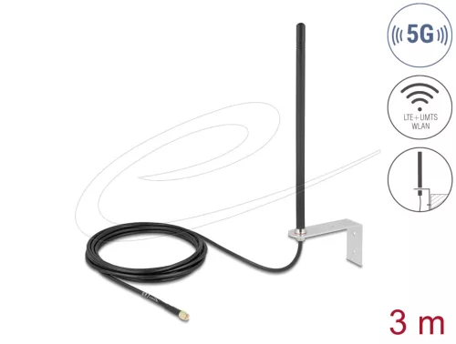 Delock 5G LTE Antenna SMA apa csatlakozóval 3 - 5 dBi mindenirányban rögzíthető, csatlakozó kábellel RG-174, 3 m, falra szerelhető, kültéri, fekete (DL-96089)